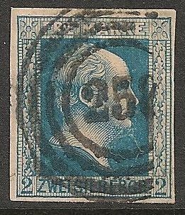 Germany Prussia 1857 King 2sg Blue Solid Background Scott 7 VF used CV