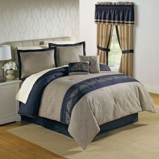 Sale King Size 6pc Navy Blue and Tan Textured Comforter Set