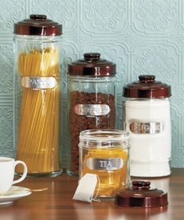 Set of 4 Kitchen Glass Canisters Labeled Pasta Coffe Sugar Tea Bronze
