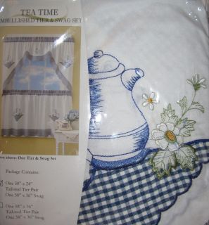 Time Blue White Tea Cups Pot Tiers Swag Set Kitchen Curtains