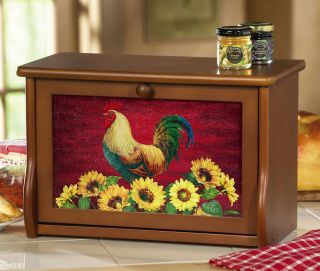 Country Rooster Sunflowers Décor Wooden Kitchen Bread Box