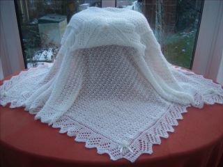 Exquisite Hand Knitted Baby Shawl Blanket White 2 Ply Square 40 x 40