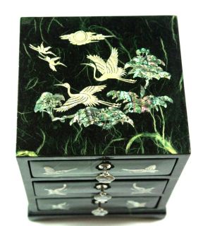 JEWELRY BOX KOREAN MOTHER OF PEARL LACQUER WARE Cranes Tower Design