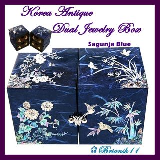Korea Antique Vintage Jewelry Box Dual Sagunja Blue