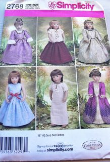 SIMPLICITY 2768 18 AMERICAN GIRL DOLL CLOTHES RENAISSANCE COSTUMES