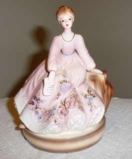 Josef Originals Lady Figurine Music Box 6 Tall Pink with Roses