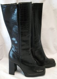 Steve Madden Latoya Black Leather Below Knee Croc Print Boots Size 8 5