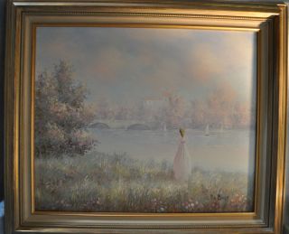 Pastel Oil Painting Lady with Bridge Lake and Sailboats