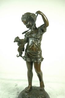 Laporte Bronze Statue Girl w Cat Sculpture
