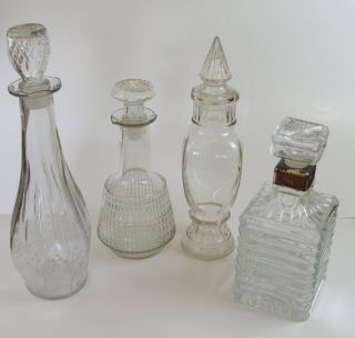 Lot of 4 Fancy Clear Glass Decanters w Stoppers Whiskey Brandy L K
