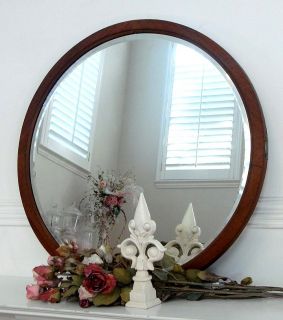 Large Antique Wood Frame Round Beveled Glass Mirror