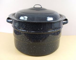 Large Enamel Stock Pot & Cover Lid Dark Blue Black Speckled Canning
