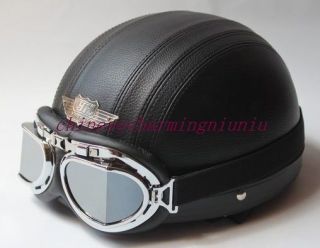New Black Leather Half Motorcycle Helmet Goggles Visor M L XL