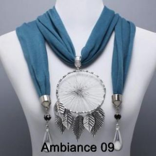 CHUNKY DREAM CATCHER LEAF CHARM TEAL FABRIC SCARF NECKLACE COSTUME