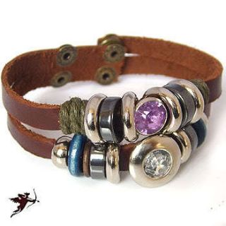 Leather bracelet wristband purple clear jewels ethnic handcraft