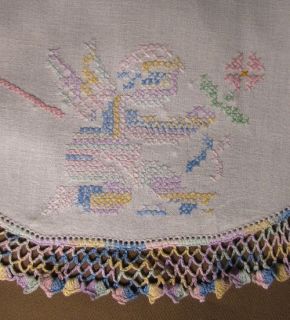 Embroidered Vintage Dresser Scarf Runner Crochet Edge Cherubs Hearts