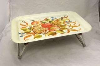 VINTAGE LAP TV BED METAL TRAY FOLDING LEGS CREAM WITH FRUIT APPLE