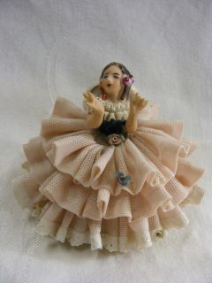 Vintage Dresden Porcelain Figurine Victorian Lady Pink Dress Blue