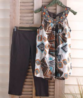 Womens Brown Top and Capri Set Large 14 16 Cotton Spring Summer Wear