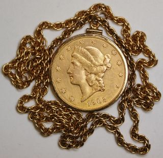 1902 s Liberty $20 Gold Double Eagle 14kt Necklace Coin Jewelry