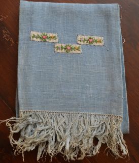 Superb Antique Blue Denimy Linen Towel with Dainty Embroidered Insets