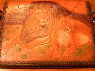 Custom Hand Made Tooled Genuine Leather Purse Handbag Lions