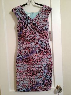 London Times Pink Blue Leopard Swirl Jersey Shutter Pleat Banded Dress