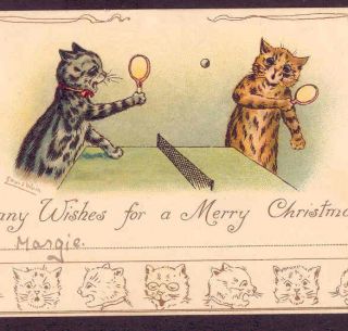 SCARCE IMAGE LOUIS WAIN CATS PLAY WILD PING PONG SPORT GAME CHRISTMAS