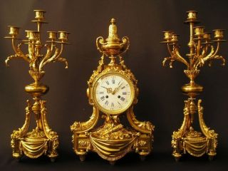 Antique Louis XVI style Bronze Clock set with 6 lights Candelabras ca