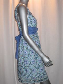 128 MSSP Max Studio Scoop Neck White Blue Print Cotton Silk Dress Sz