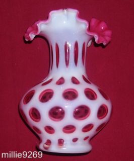 Fenton 7.25 Cranberry Opalescent Coin Dot Vase YOP 1952 65 Ware #1457