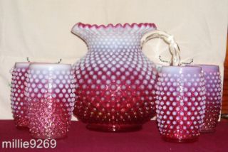 Fenton Cranberry Opalescent Hobnail Water Set Water Jug 80oz 4 tumbers