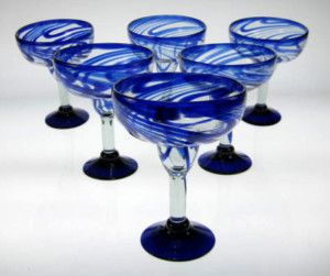 Mexican Margarita Glasses Blue Swirl 6 Hand Blown