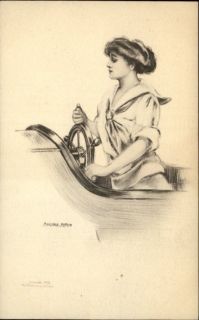 Pretty Woman Driving Boat at Helm Marjorie McMein Pencil Sketch