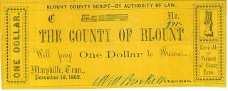 1862 1 00 Maryville Tenn Bloutcounty Script Note for Taxes x F