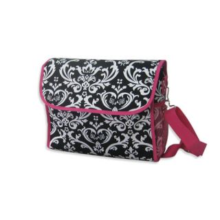 Black White Floral Pink Trim Flap Over Diaper Bag Set