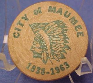 Indian Head Wooden Nickel Green City of Maumee Oh 1963 9036C