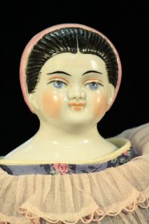 358 17 Mary Todd Lincoln China Head Pink Head Band Doll Antique c1860s
