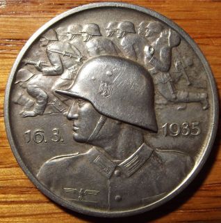 Adolph Hitler Mein Kampf 16. 3 1935 German Soldier Silver 835 Coin