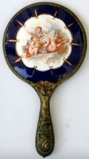 Antique Cobalt Porcelain Cherub Hand Mirror Mermaid Victorian Vanity