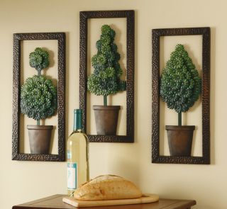 Set of 3 Topiary Metal Wall Decor Art Evergreen 3D Wall Hanging