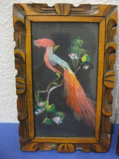 Vtg Pair Small Mexican Folk Art Bird Feather Craft Keaton Importing Co