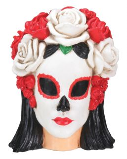 The Dead Black White Mexican Mask Woman Skull Figurine Flowers