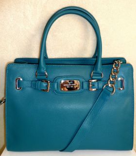 Michael Kors Hamilton E w Leather Satchel Tote Handbag Turquoise Blue