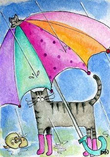 tabby cat snail pink rain boots umbrella watercolor ACEO original