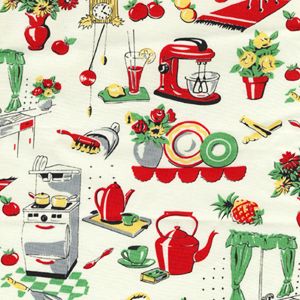 Michael Miller, FIFTIES KITCHEN 1950s Novelty Repro Fabric Red Green