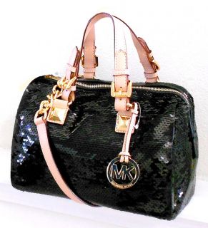 Michael Kors Grayson Sequin Satchel Purse Handbag Black