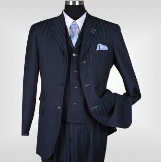 New Mens 3 Piece Milano Moda Elegant and Classic Stripes Suit Navy