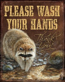 Metal Tin Sign Please Wash Your Hands Thank You Racoon Rosemary
