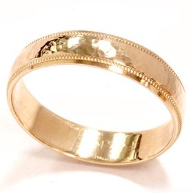 Mens High Polished Hammered Solid 14k Yellow Gold 5 mm Milgrain Edge